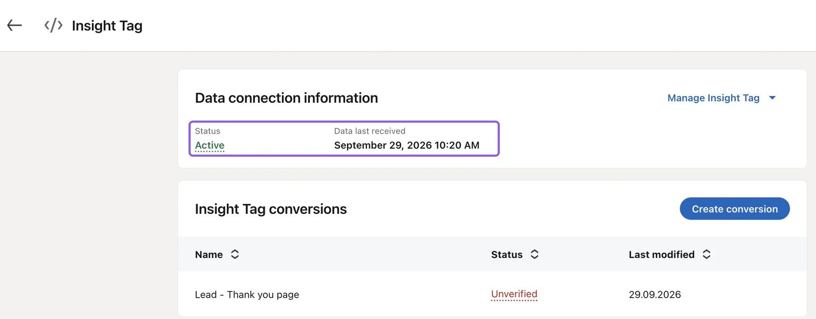 Статус Insight Tag Active в Signals manager LinkedIn