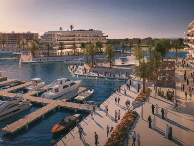 Eagle Hills Ramhan Island marina at golden hour, Abu Dhabi
