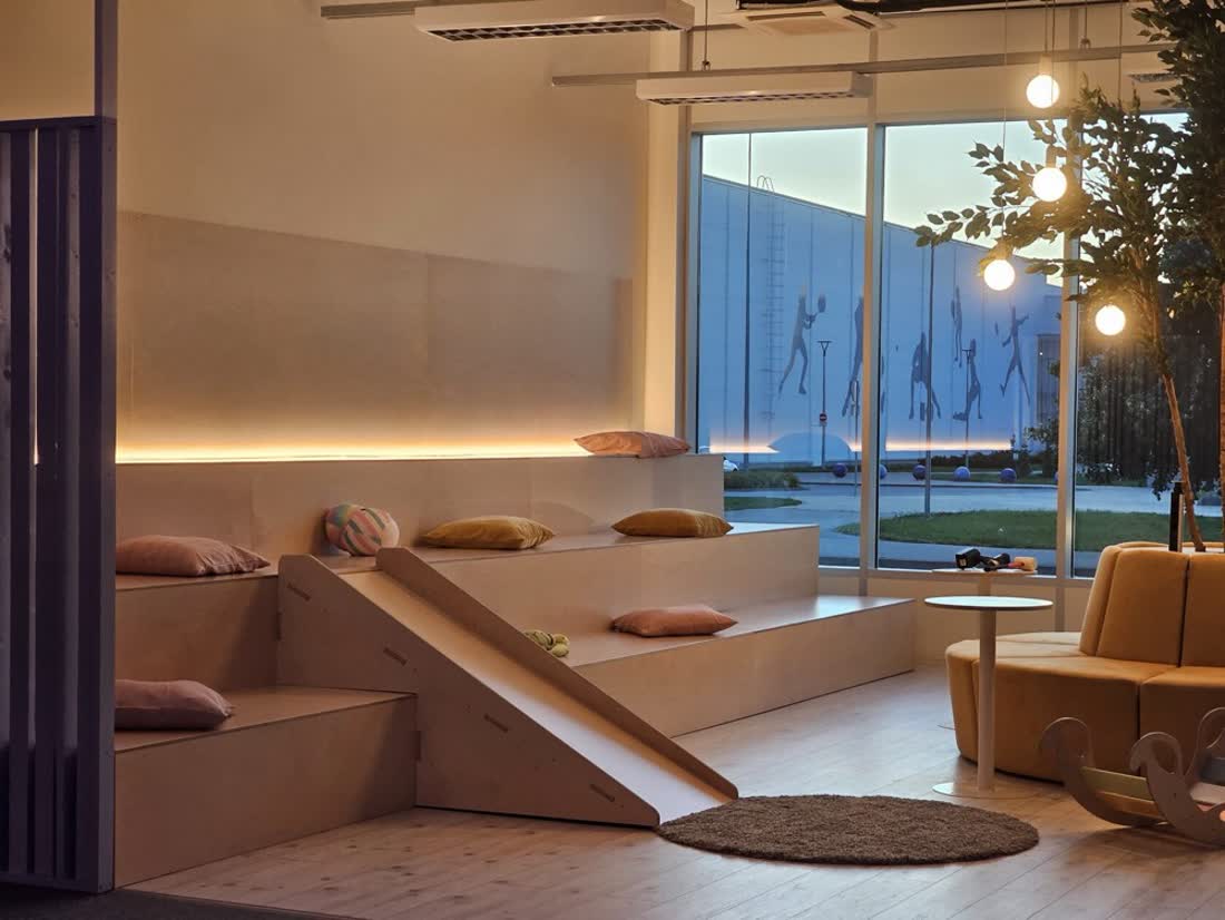 Platform with slide and cushions