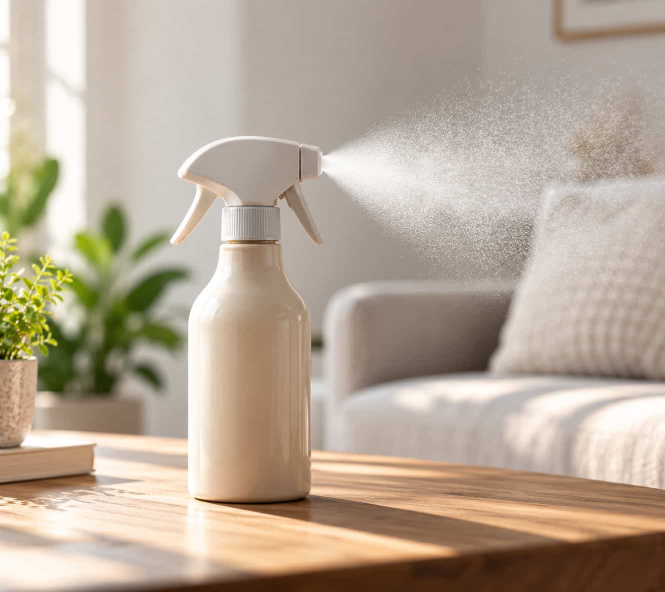 Wei&szlig;e Spr&uuml;hflasche mit Raumduft, aus der ein feiner Spr&uuml;hnebel austritt. Duftspray &uuml;berdeckt Rauchgeruch nur kurz &ndash; Shikardos Reinigung entfernt ihn in Frankfurt aus Sofa und Polster.