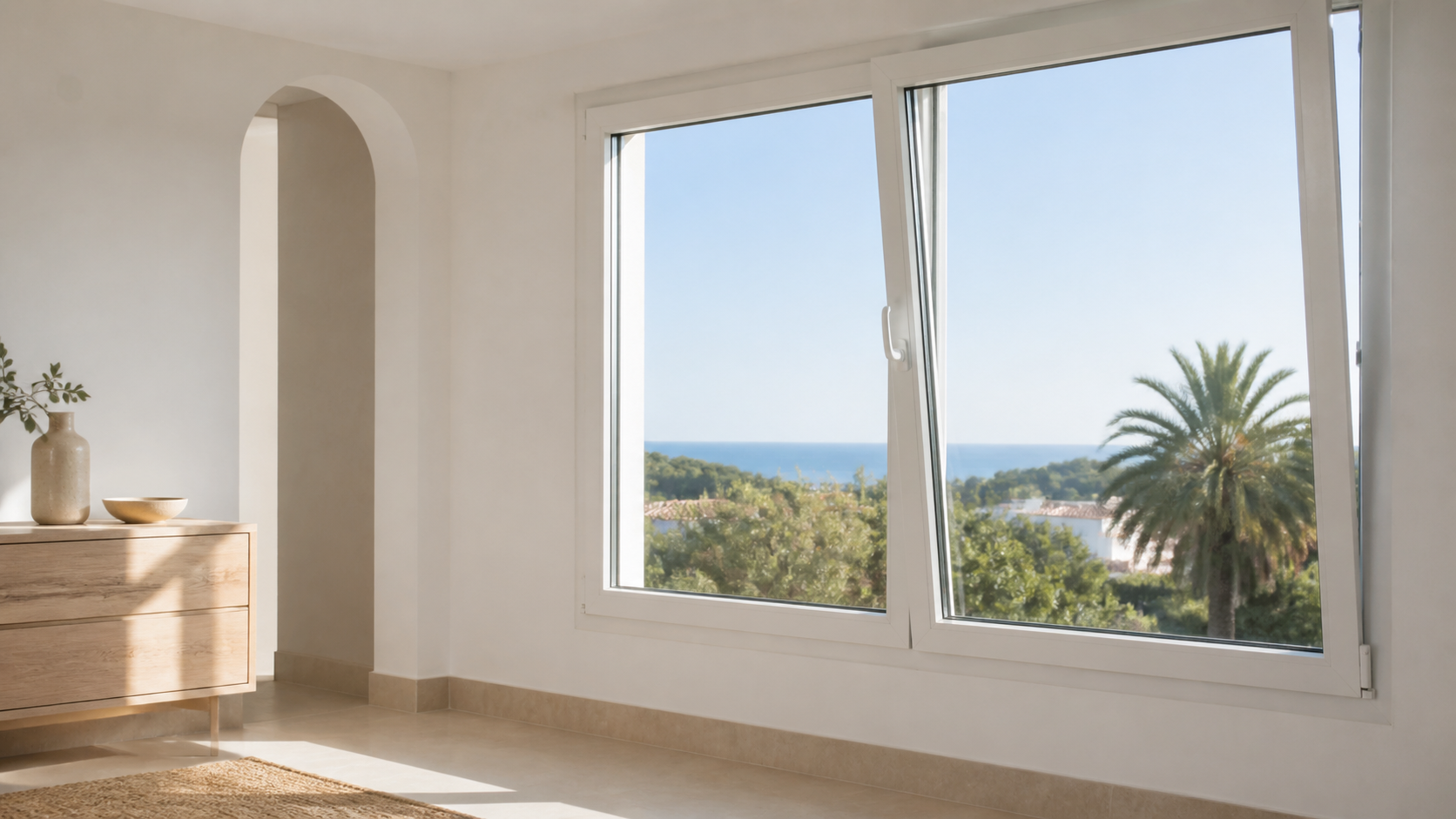 Ventana Kömmerling de PVC blanca instalada en una vivienda de la Costa del Sol