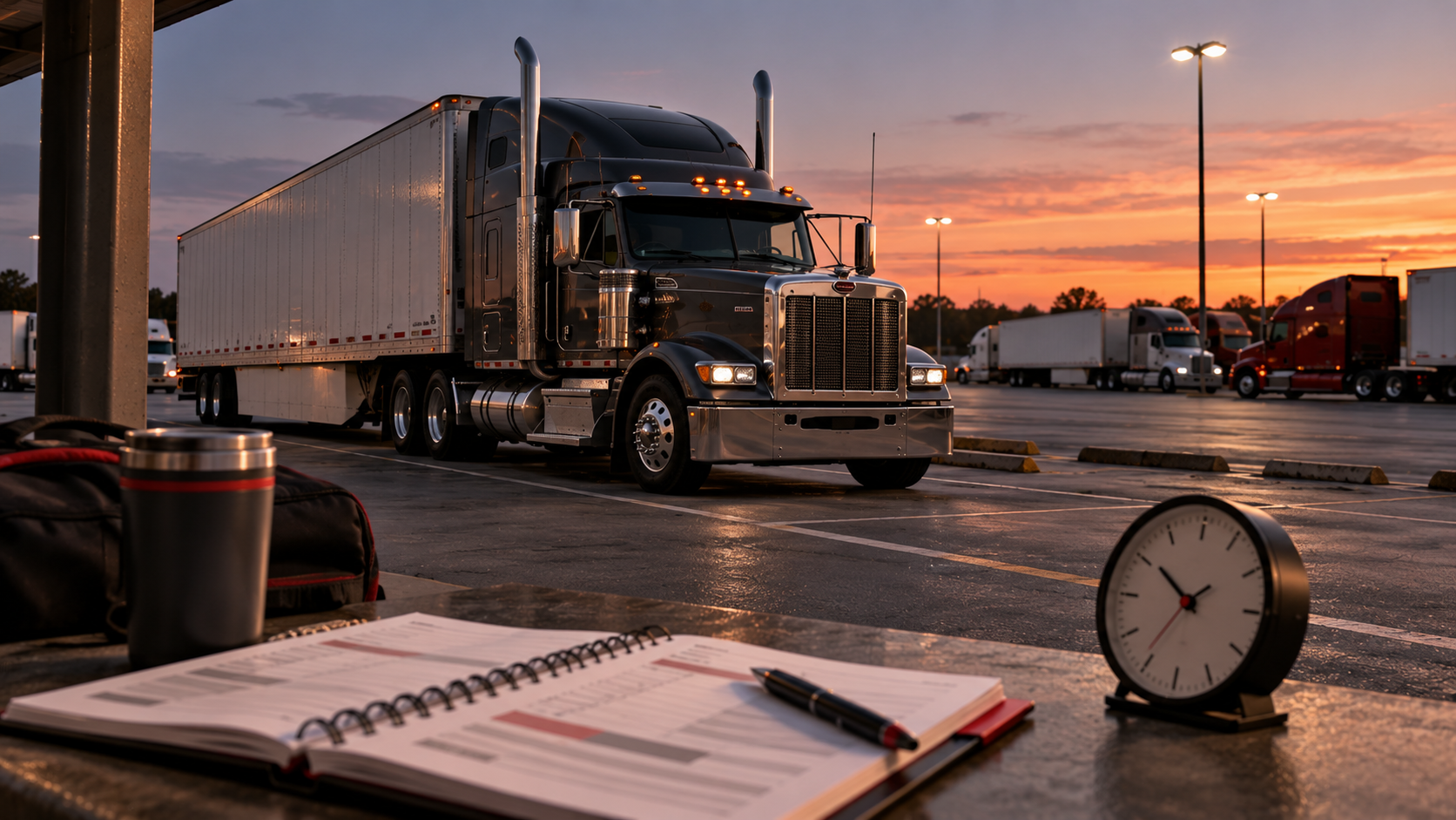 Parked tractor-trailer and planning tools illustrating schedule review and rest.