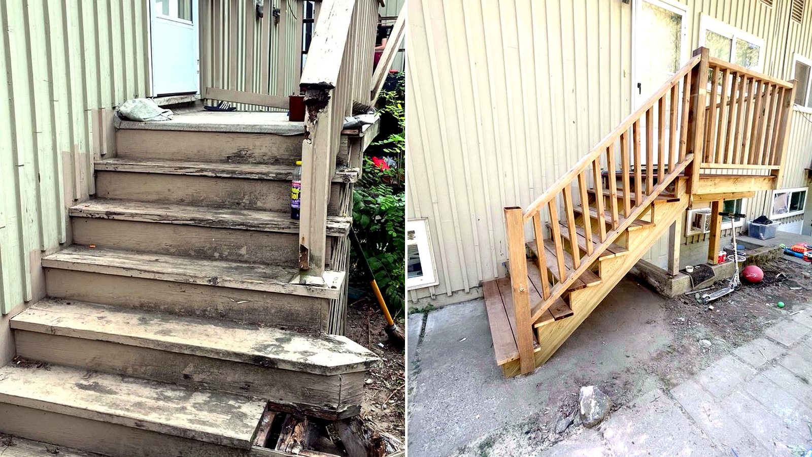 Before and after exterior stair replacement in Chilliwack BC by VeryWell Home Services
