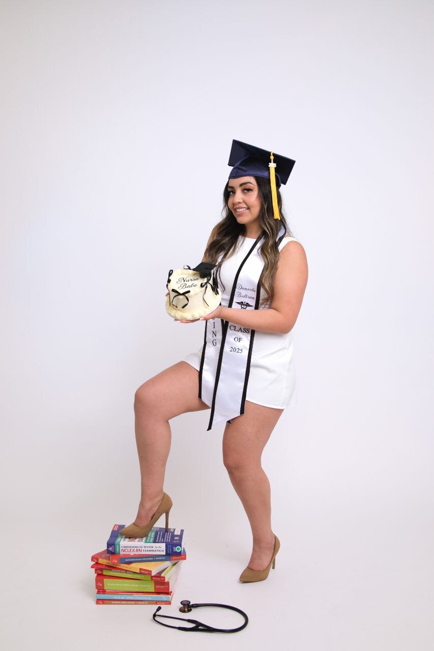 Self-portrait graduation photos with mirror camera setup