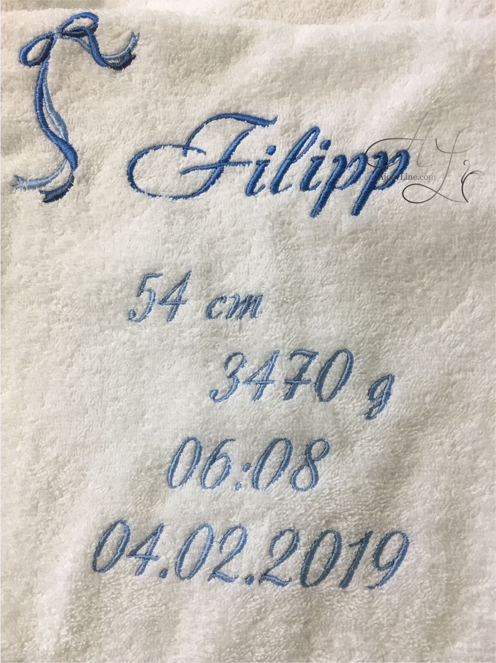 personalized newborn towel with birth stats embroidery a thoughtful and unique gift for babies and new parents. Handmade in Riga, Latvia. Worldwide shipping available.