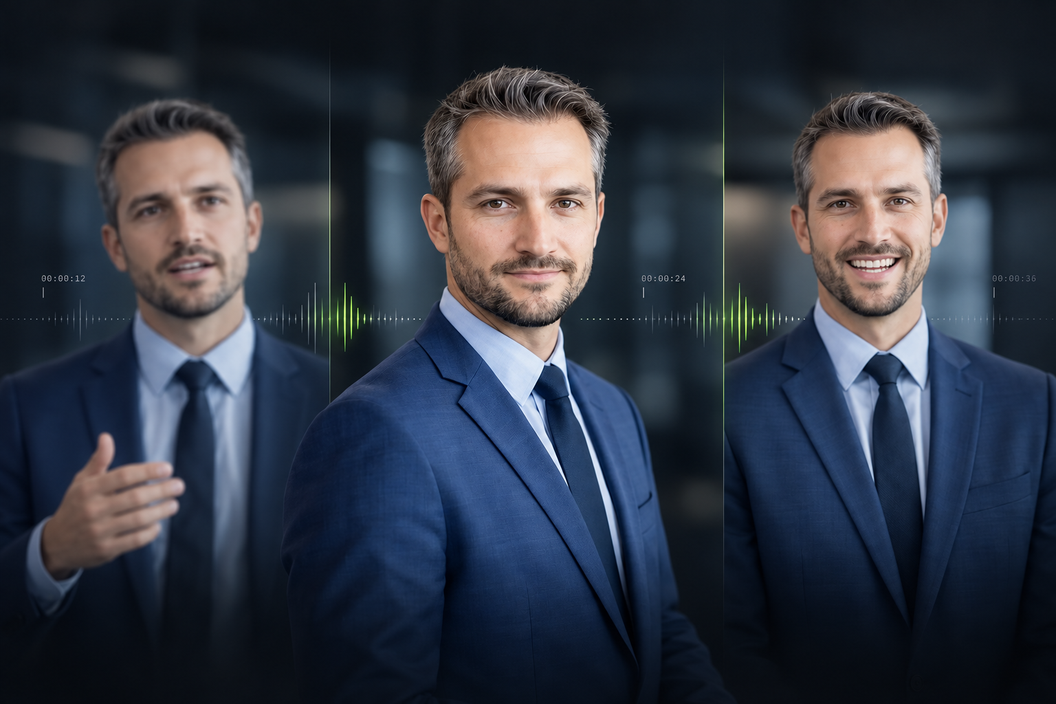 Avatar-video production cover showing a generated presenter in an office setting