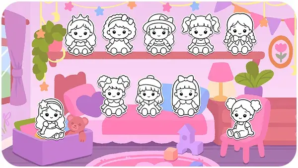 Dolls at home coloring page