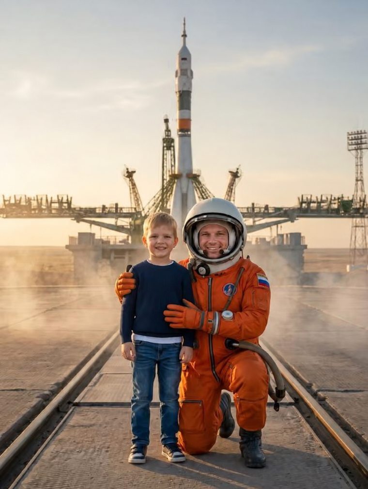 A boy standing beside a kneeling cosmonaut on a launch pad, a rocket behind them