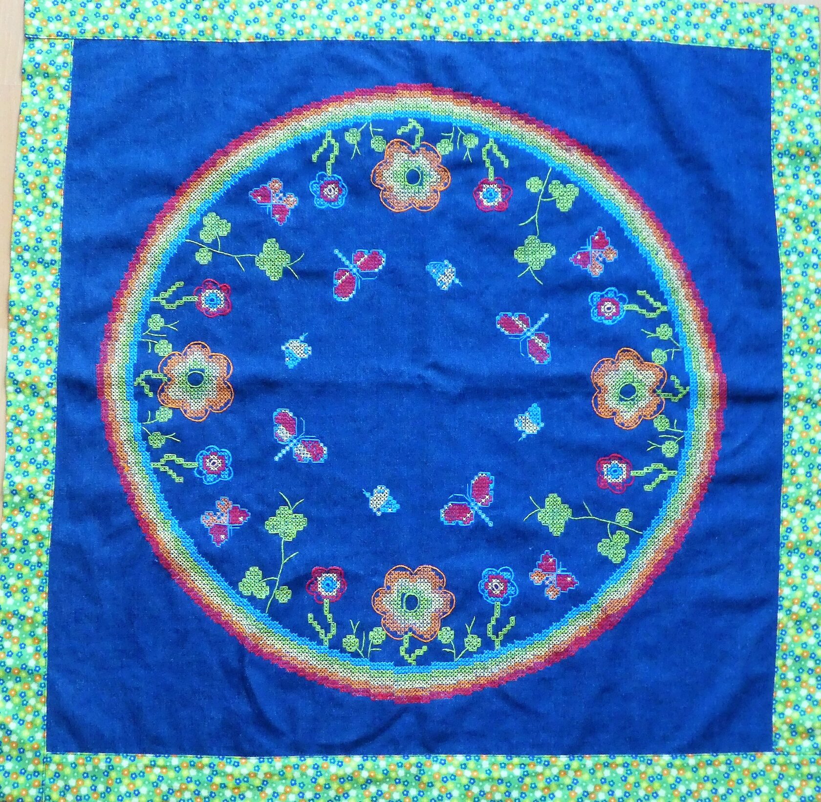 Tabelcloth cover indigo blue rainbow summer flowers handcraft 