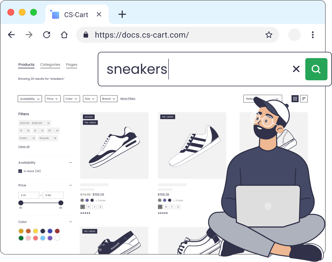 CS-Cart search results page with sneakers in the search box