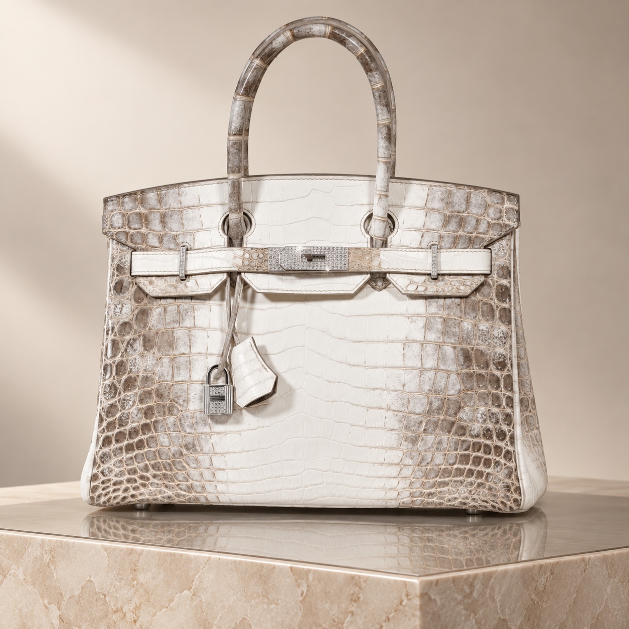 Ivory and taupe Hermès Himalaya Birkin with diamond-style hardware on a champagne display plinth