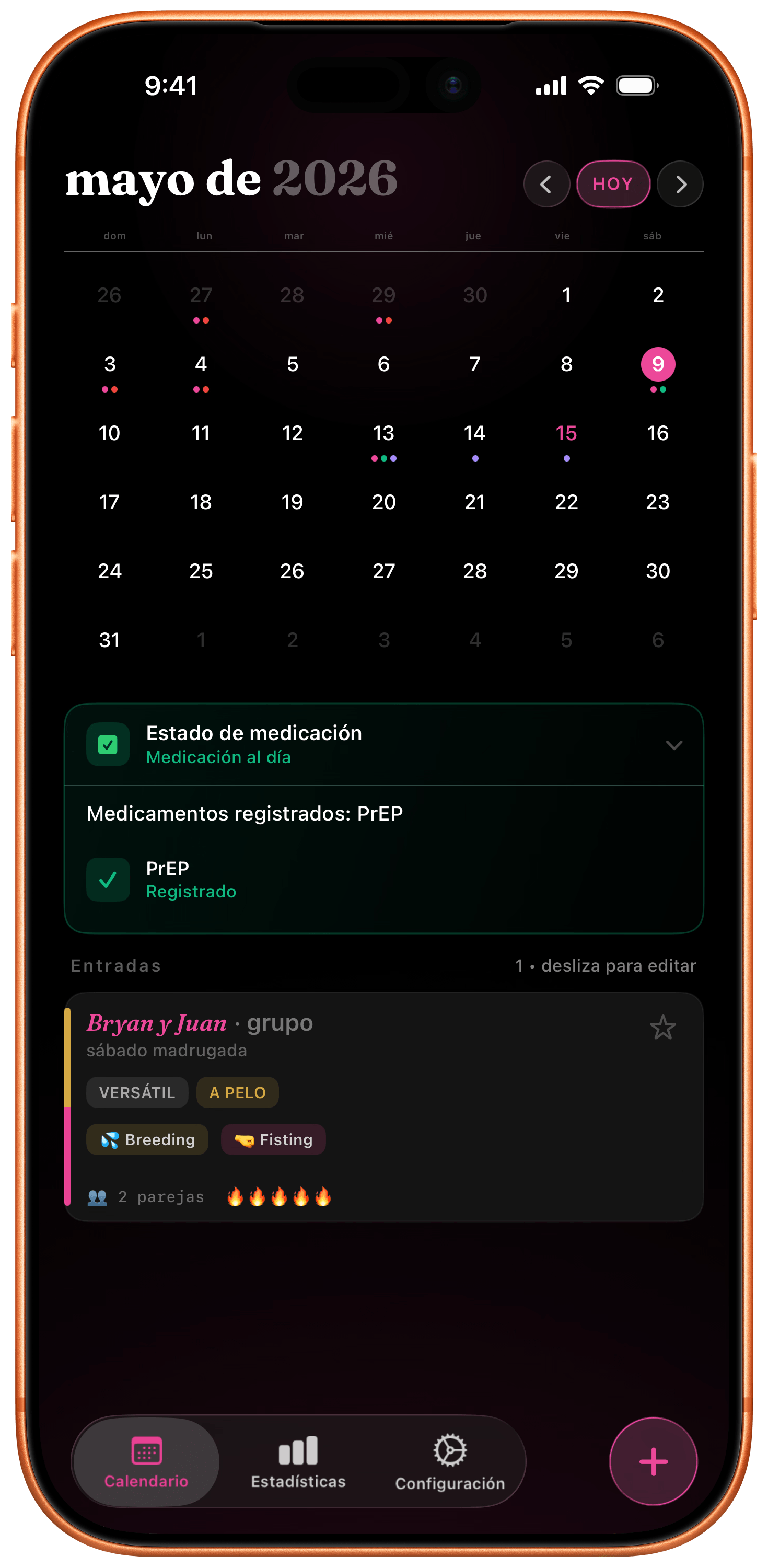 Pantalla principal de BodyCount Calendar