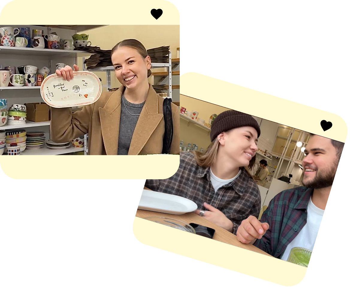 Uśmiechnięta para i dziewczyna z pomalowanym talerzem w Create Cafe