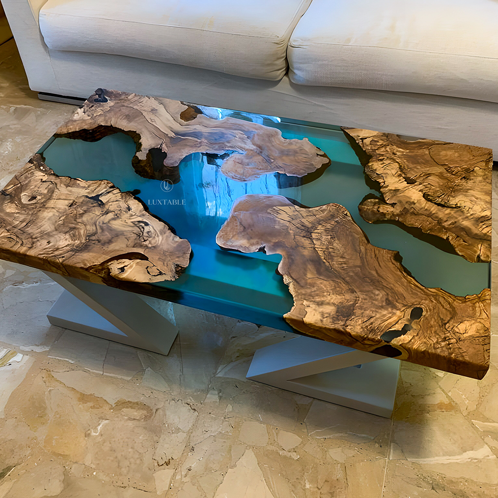 Tisch Palawan aus Olivenbaum-Wurzeln und blaugrünem Epoxidharz mit Satin-Finish