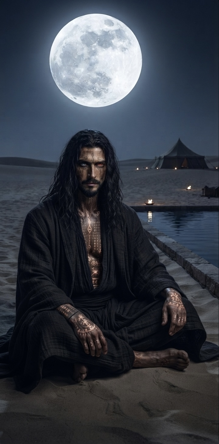 The Shaman in the desert beside water beneath the moon