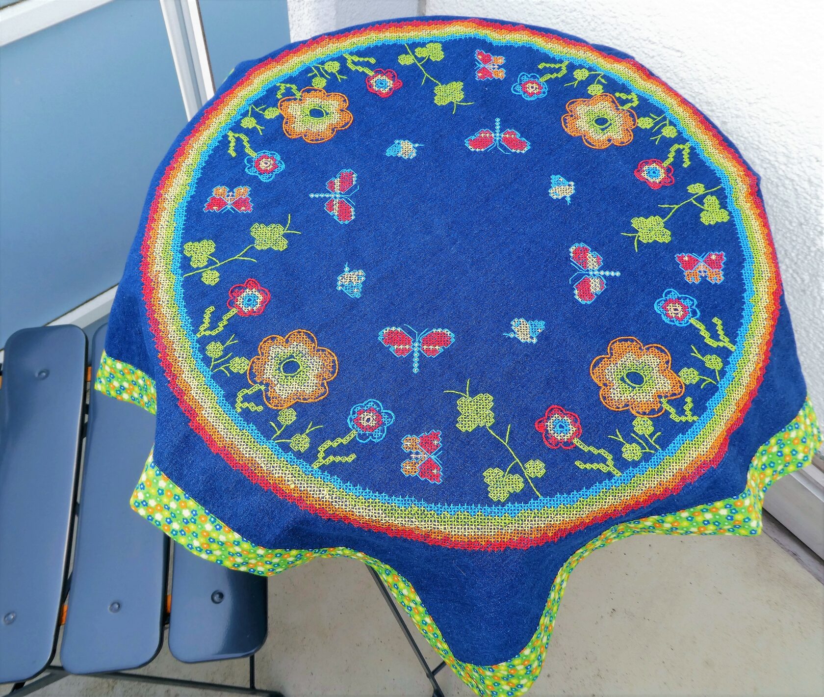 Cross-stich tablecloth table cover indigo blue summer flowers rainbow