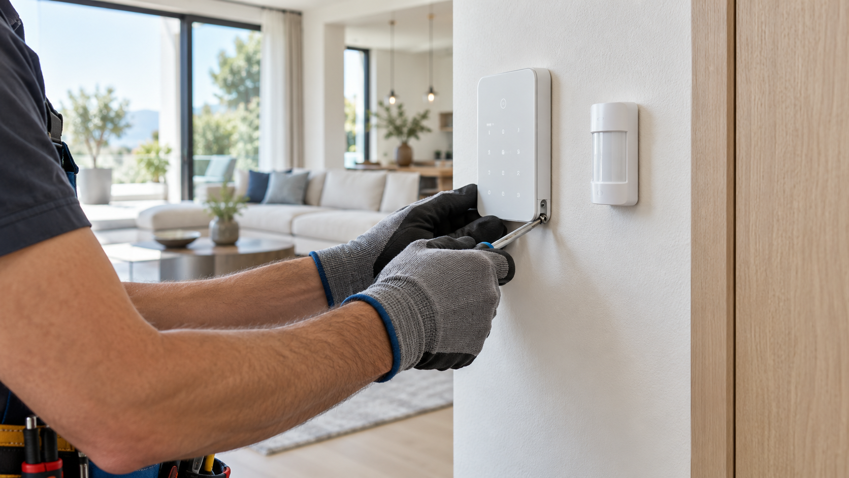 Illustrative concept of a smart home wall control being installed in a bright interior