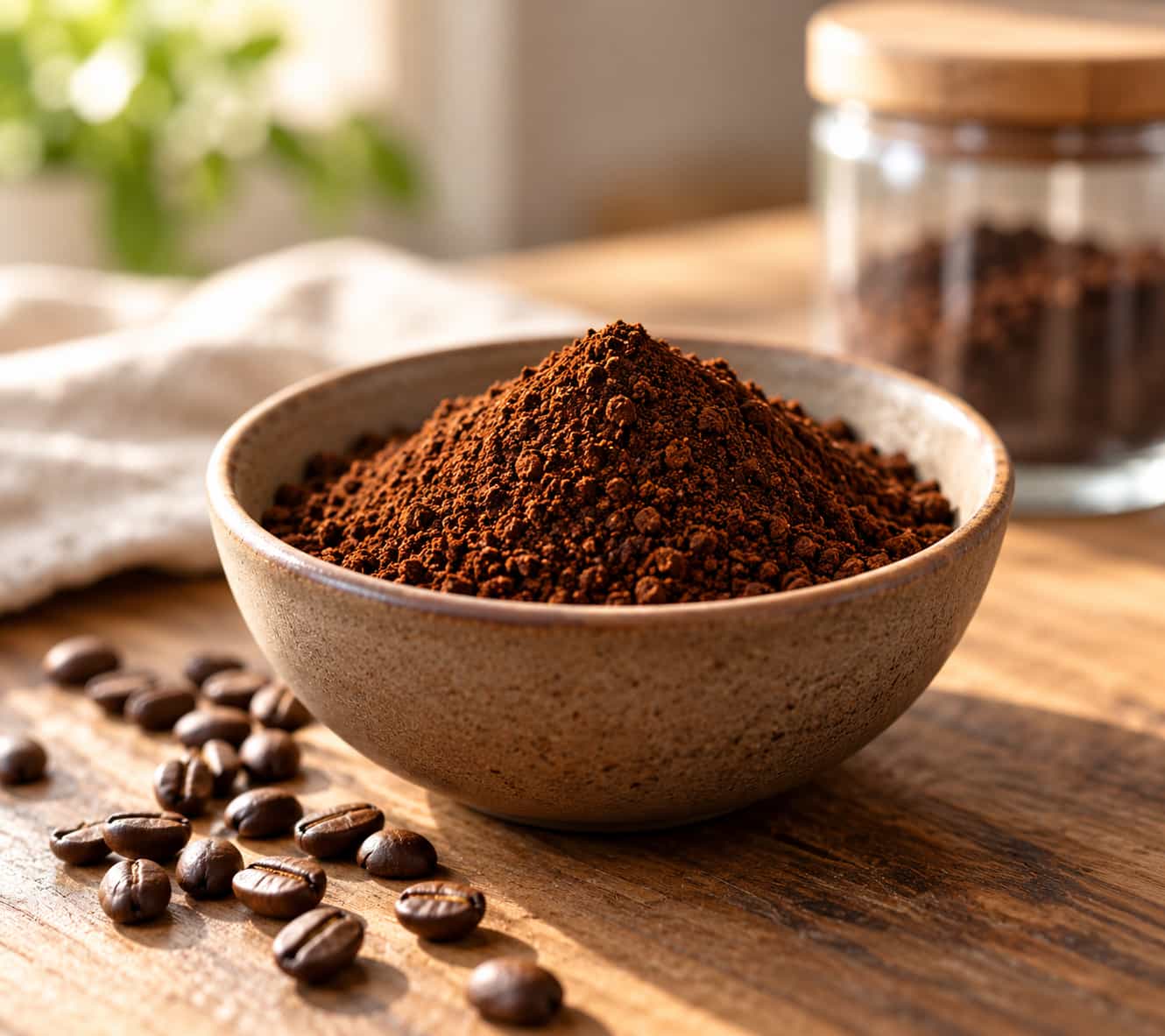 Glassch&uuml;ssel mit gemahlenem Kaffeepulver und ein paar Kaffeebohnen auf einem Holztisch. Kaffee und Essig binden Rauchgeruch nur ein bis zwei Tage &ndash; Shikardos Reinigung holt ihn in Frankfurt aus dem Polster.