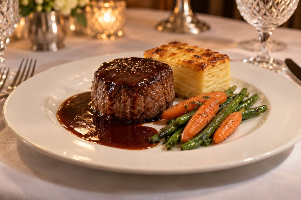 Illustration: filet mignon with potato gratin from an anniversary menu by private chef Marina Staver, Miami