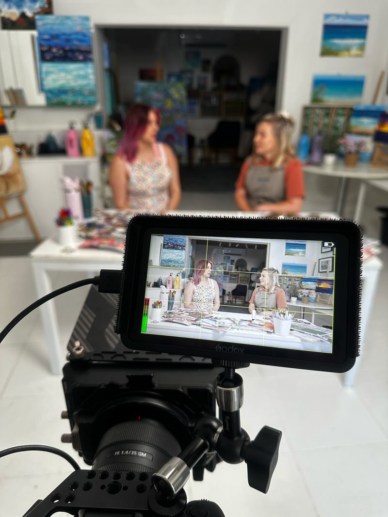 camera monitor showing a YouTube interview set up video production set in Sydney, NSW
