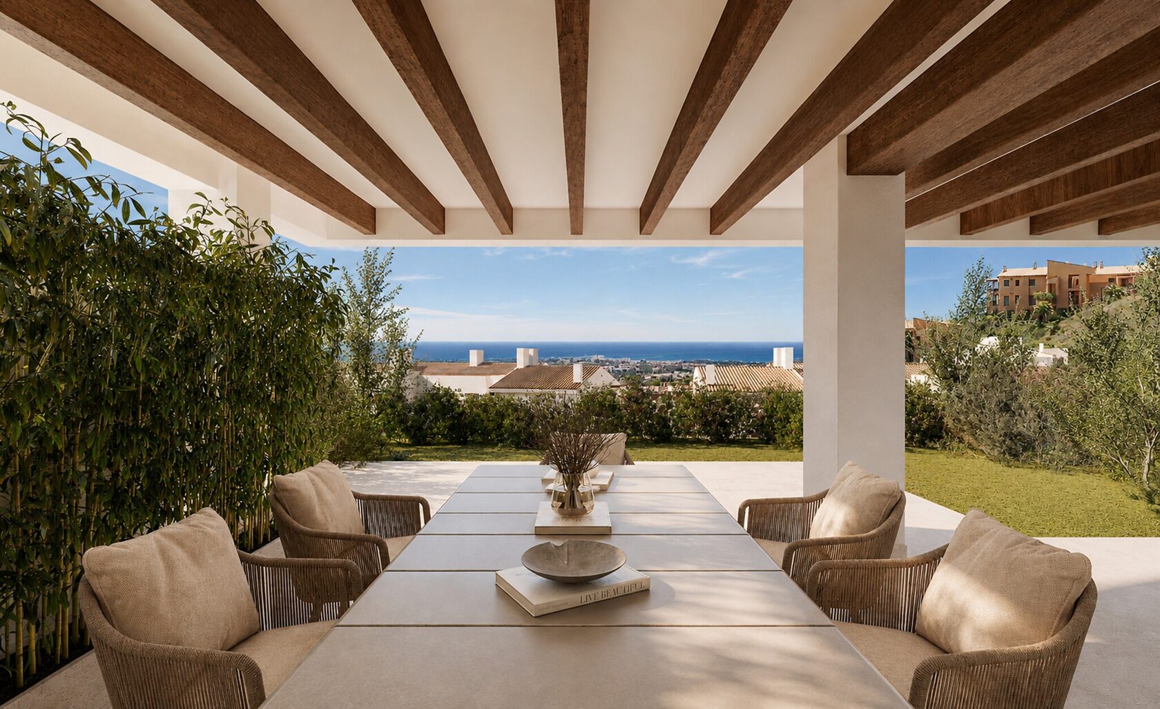Terrace lounge under timber beams, visualisation