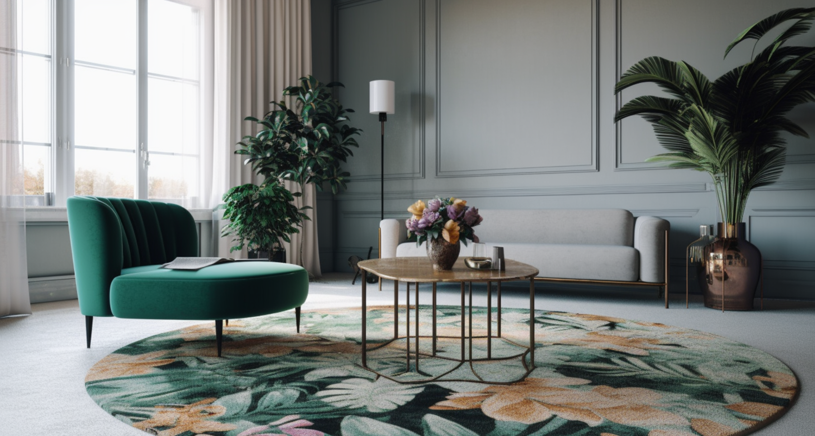A furnished living room with a green armchair, a gray sofa and paneled walls