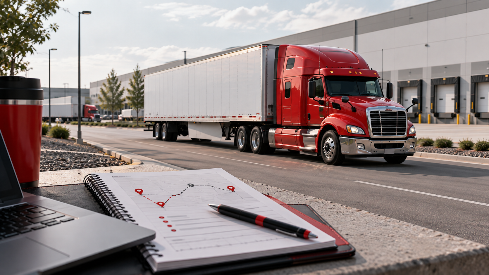 American tractor-trailer on a repositioning route near an industrial area.