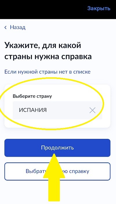 Скриншот страницы оформления заявления на получение справки об отсутствии судимости на Госуслугах. В поле выбора страны указана «Испания». Жёлтая стрелка указывает на кнопку «Продолжить» для перехода к следующему шагу.