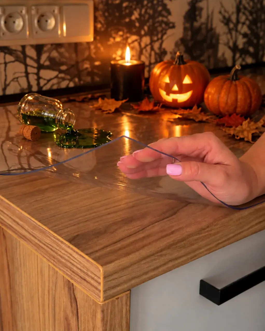 Bord med beskyttende PVC-folie pyntet til Halloween