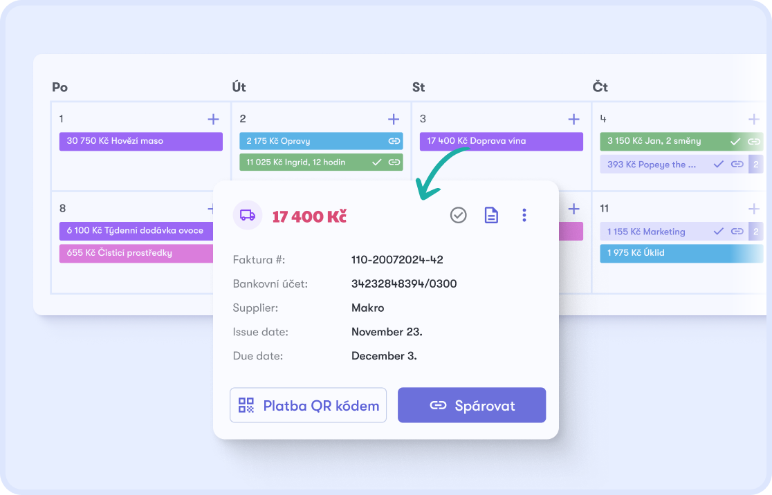Kalendář plateb v Dishboardu — faktury seřazené podle data splatnosti s detailem faktury a QR platbou