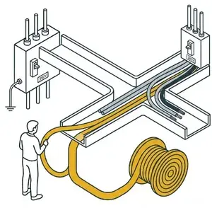 Ilustrație 2D – tragerea cablurilor prin jgheaburi metalice