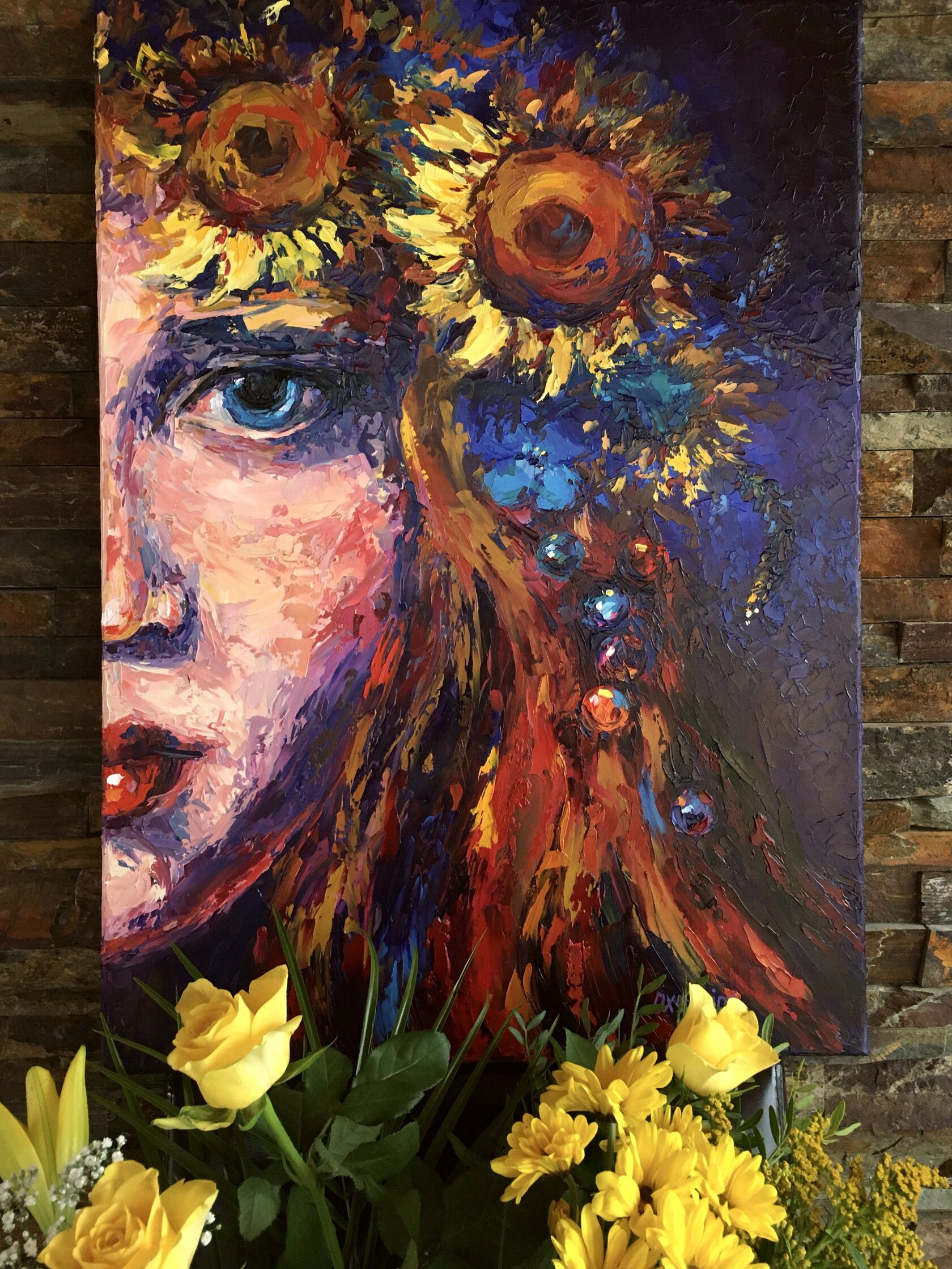 Girl with a wreath of sunflowers oil painting, contemporary portrait abstract art, flower knife painting, artist OXYPOINT Oxana Kravtsova, painting for sale 