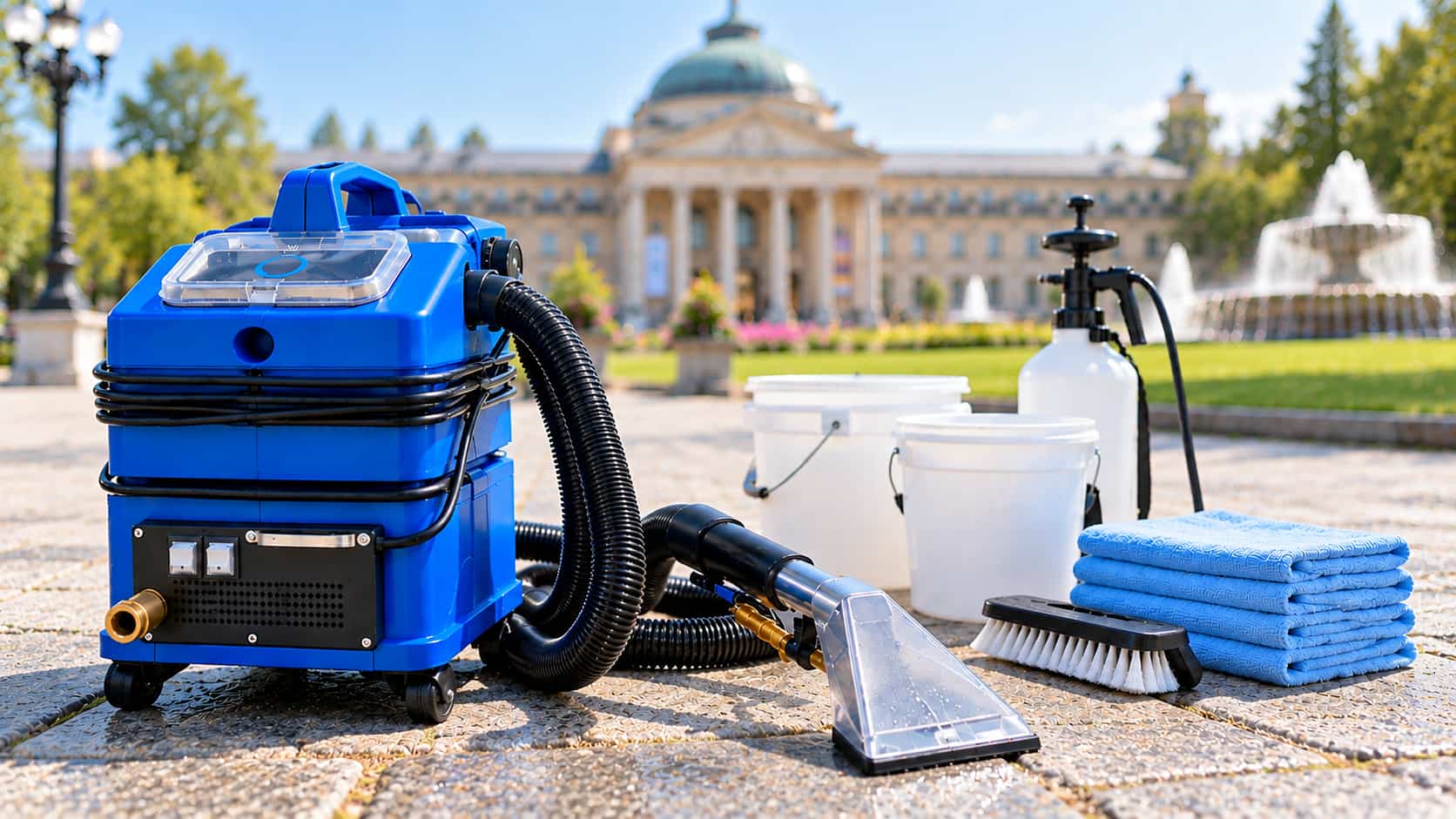 Polsterreinigung in Wiesbaden vor dem Kurhaus – Shikardos Reinigung Professionelle Ausrüstung für die Polsterreinigung – Sprühextraktionsgerät, Eimer, Sprüher und Mikrofasertücher – steht auf dem Platz vor dem Kurhaus Wiesbaden. Shikardos Reinigung aus Frankfurt reinigt Sofas, Ecksofas und alle Polstermöbel in Wiesbaden direkt beim Kunden zu Hause.