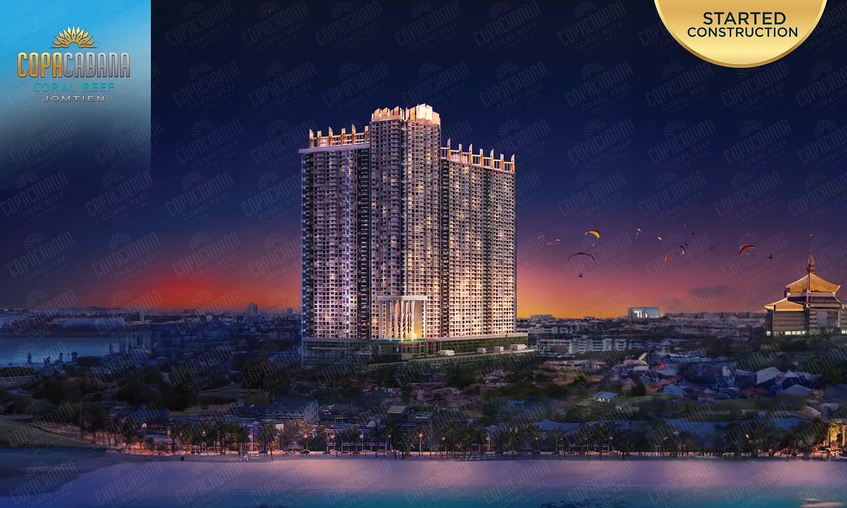 Copacabana Coral Reef tower at dusk above Jomtien, rendering