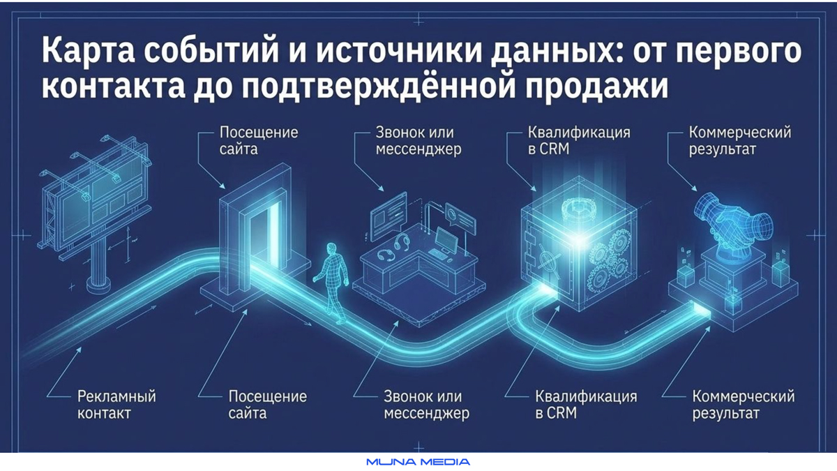 Карта событий кампании Muna Media: от первого рекламного контакта до звонка, квалификации в CRM и подтверждённой продажи