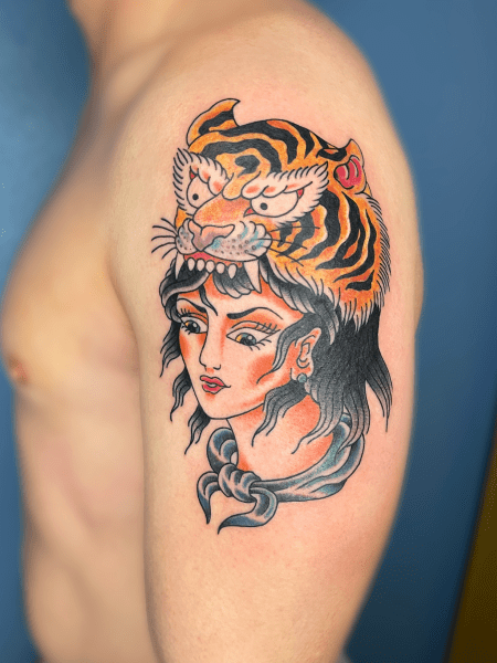 tattoo woman and tiger American Traditional style