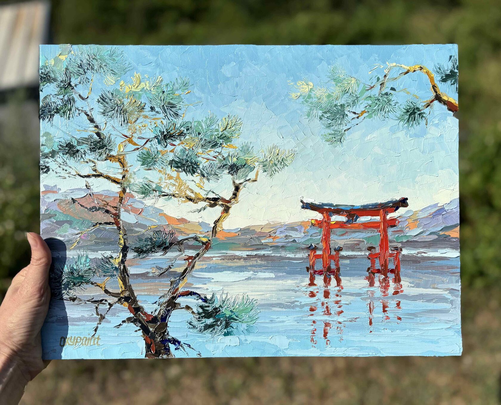 Torii oil painting, Red Japanese Gate palette knife painting, Pine Trees and Lake Engraving modern painting, contemporary artist Kravtsova Oxana Oxypoint, paintings for sale