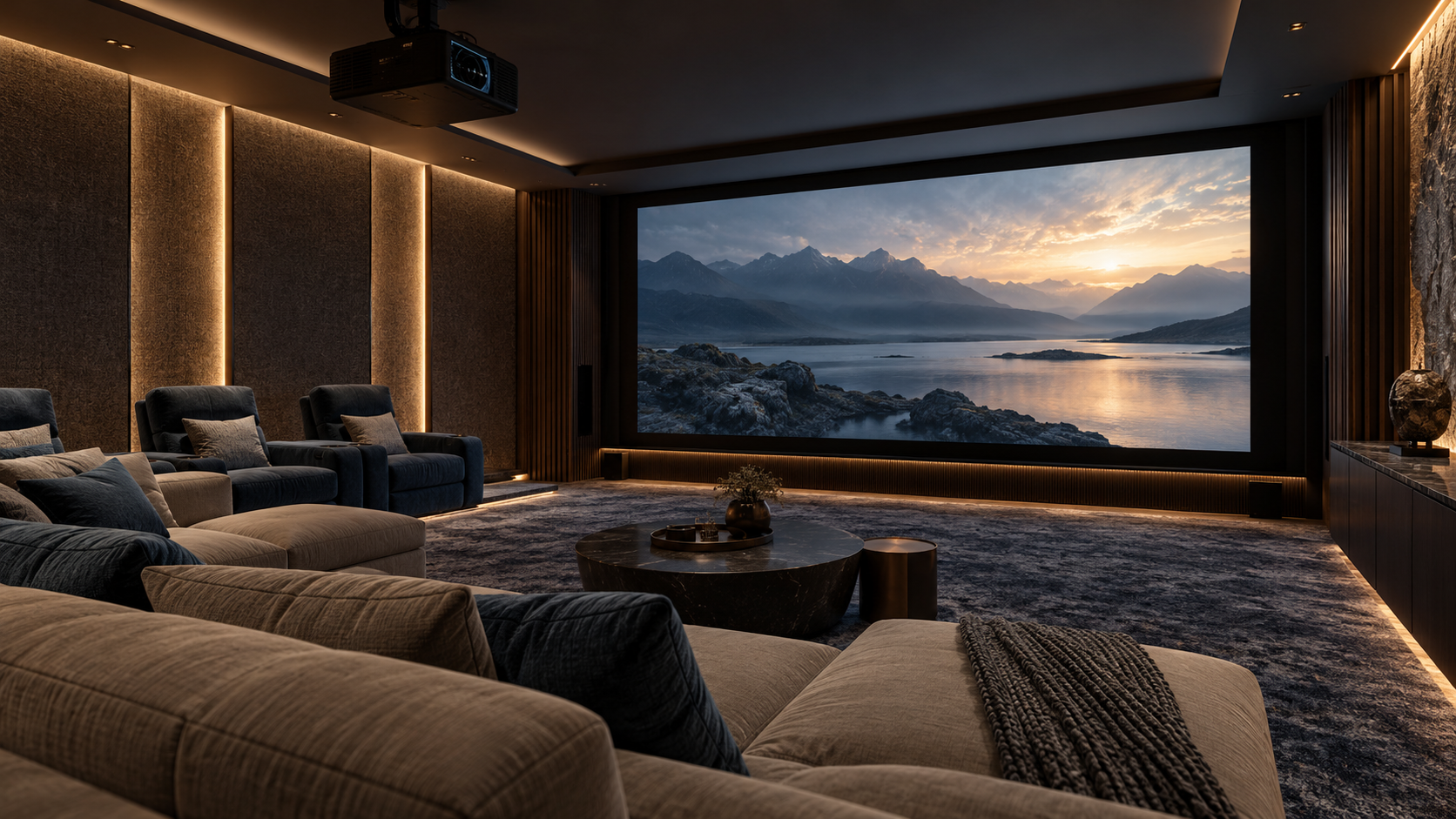 Cinema room with visible front speakers and integrated surround positions