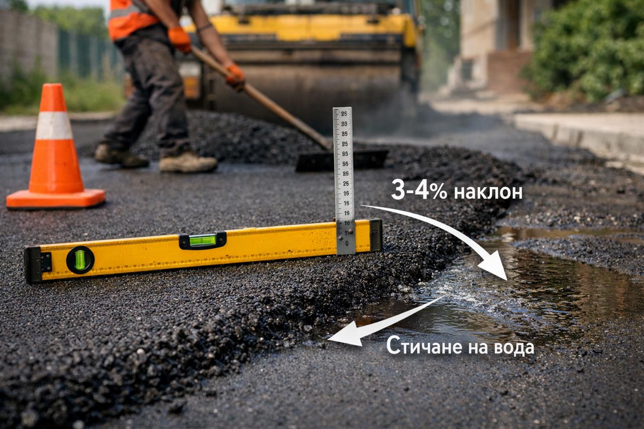 Проверка на наклона при асфалтиране с нивелир и метална линия, ясно видим отток на водата по асфалтовата настилка.