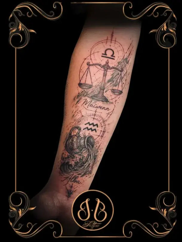 Tatouage balance et signe du zodiaque sur l'avant-bras, réalisé chez Ino-Ink à Gometz-la-Ville