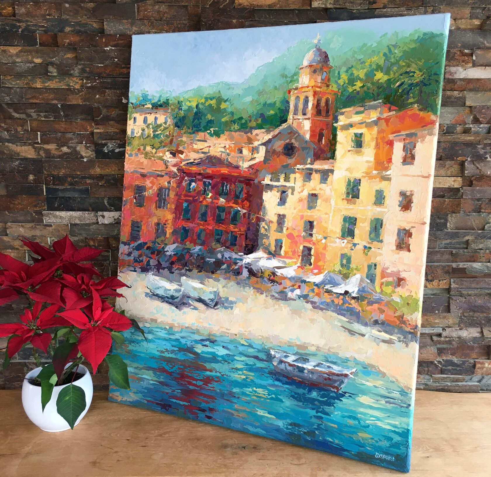 Portofino oil painting, sea abstract art, large painting Italian Riviera, knife painting, artist OXYPOINT Oxana Kravtsova, painting for sale 