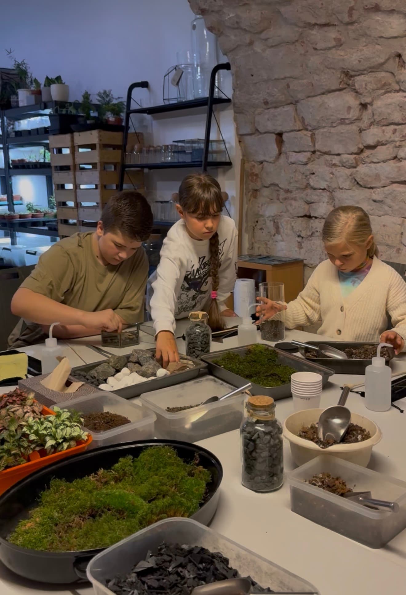 Kinder sitzen am Werktisch mit Schalen voller Moos, Steine und Deko – Biotop-Kindergeburtstag bei IZSO NaturArt in Lahr