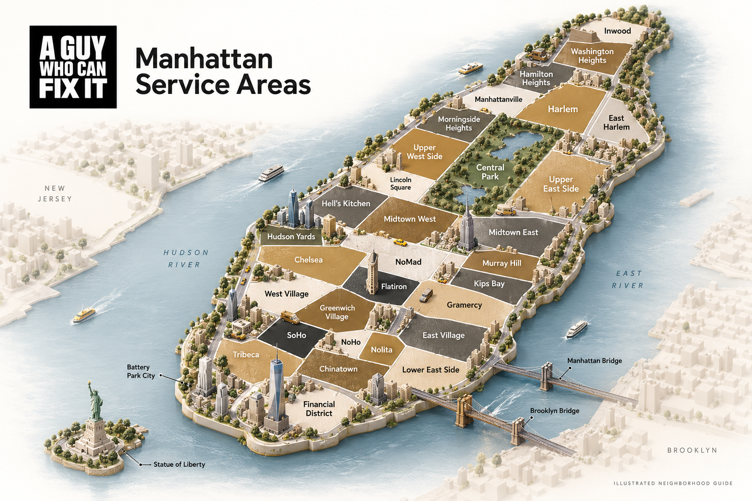 Illustrated map of Manhattan neighborhoods served by A Guy Who Can Fix It.