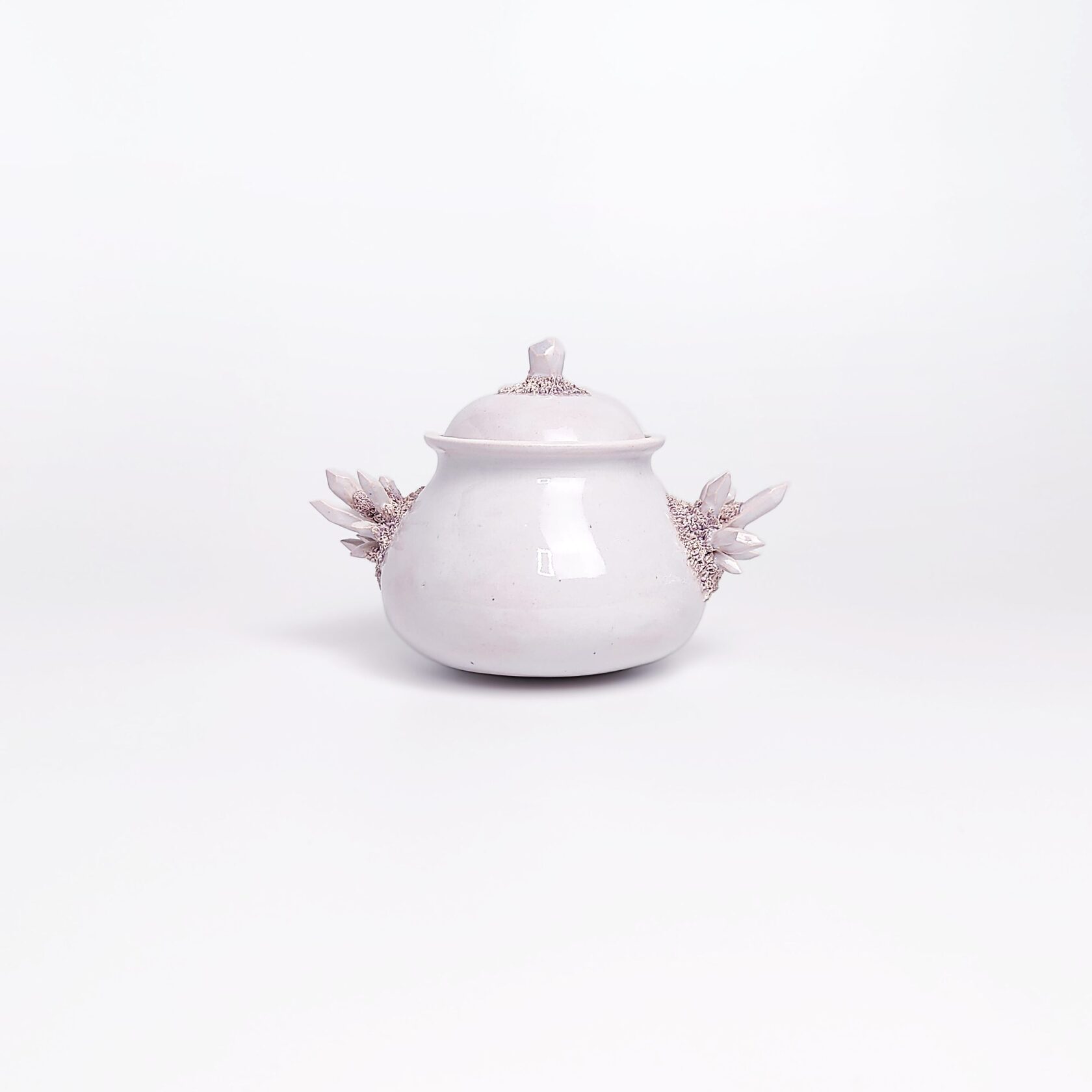 Unique handmade ceramic jar with a sculpted eye, textured crystal-like side elements, and soft pearlescent glaze