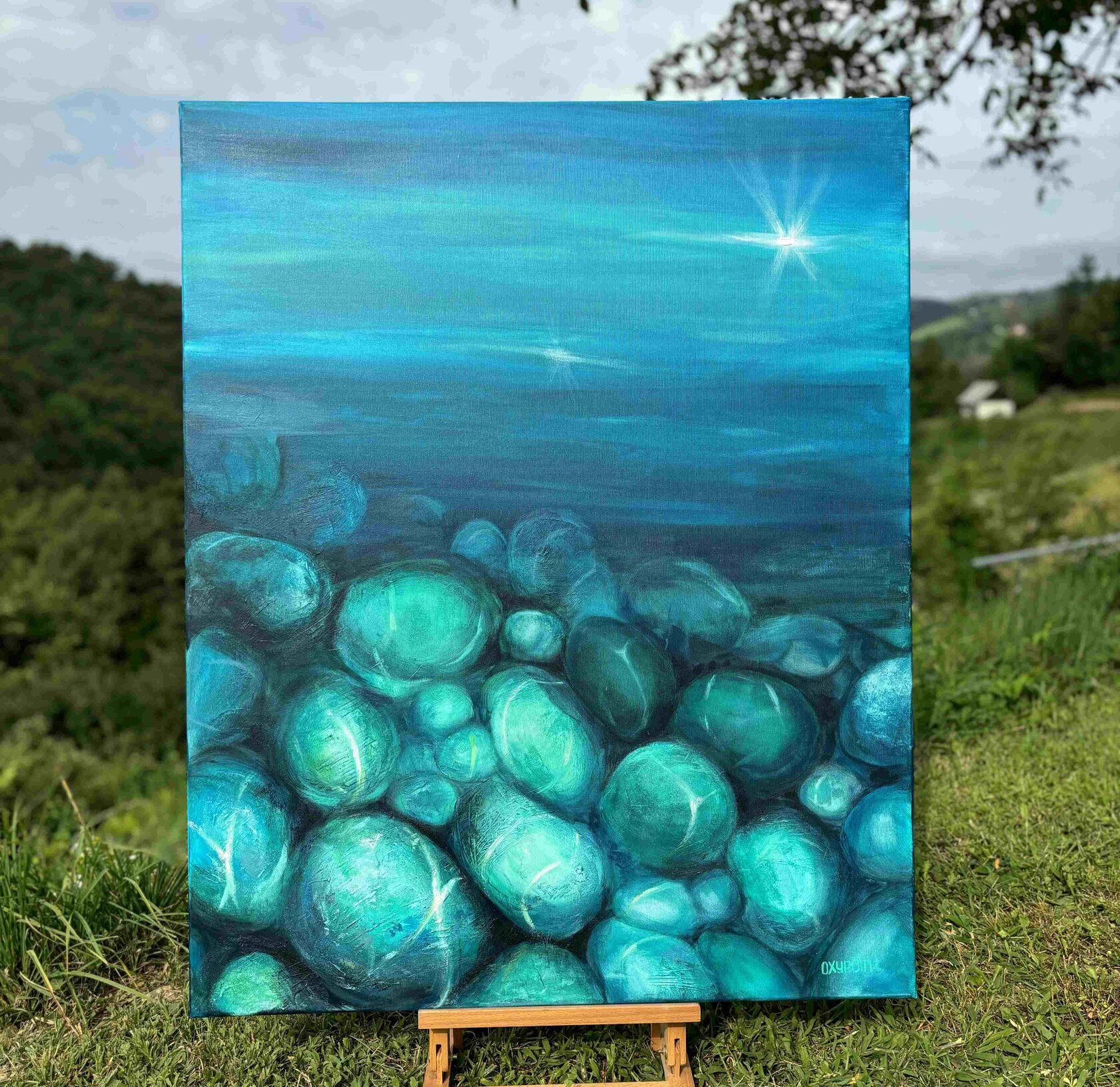 Acrylic painting of the seabed, stones and pebbles, mixed media, turquoise sea, waves, seascape, painting for sale Oxana Kravtsova Oxypoint, large wall art for sale, buy art from artist, buy original paintings