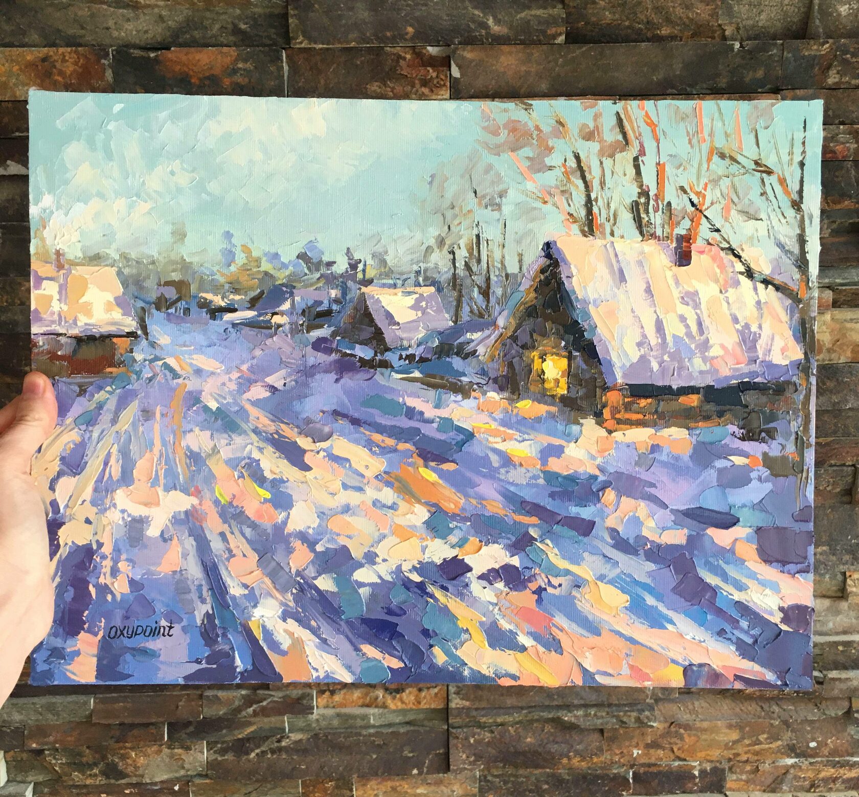 winter landscape village, winter oil painting, snow wall art