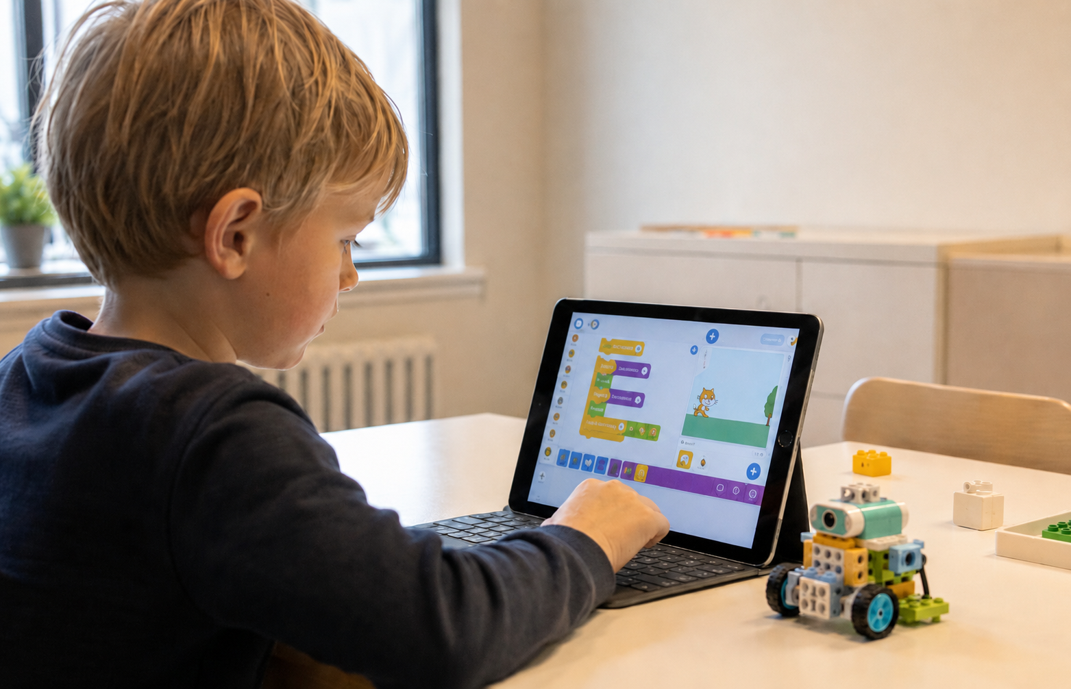 Barn på 5–7 år udforsker teknologi og leger med kreative digitale projekter hos Impact Academies