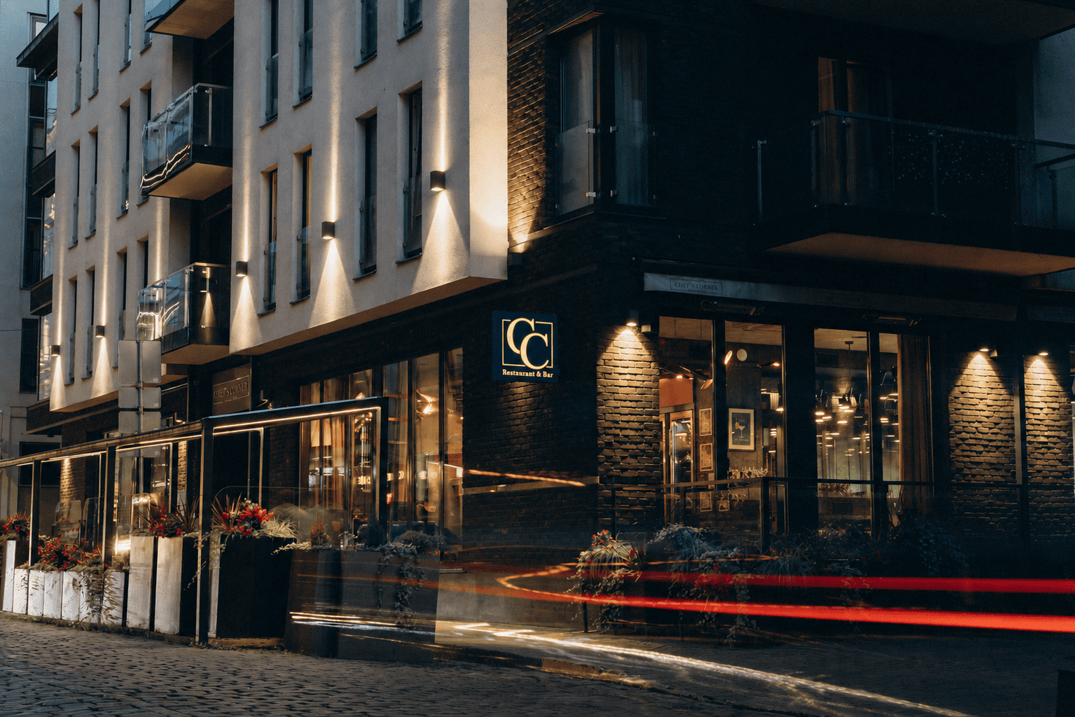 Chef's Corner restaurant and bar facade at dusk, Jeruzalemes iela 5, Riga