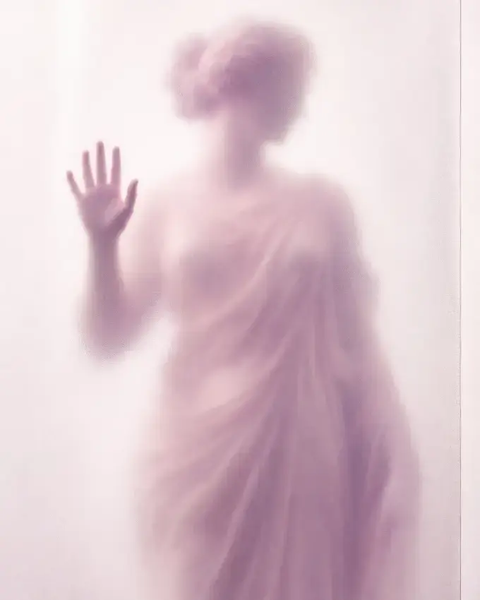 A sculpted figure behind frosted glass, visible in outline but impossible to identify