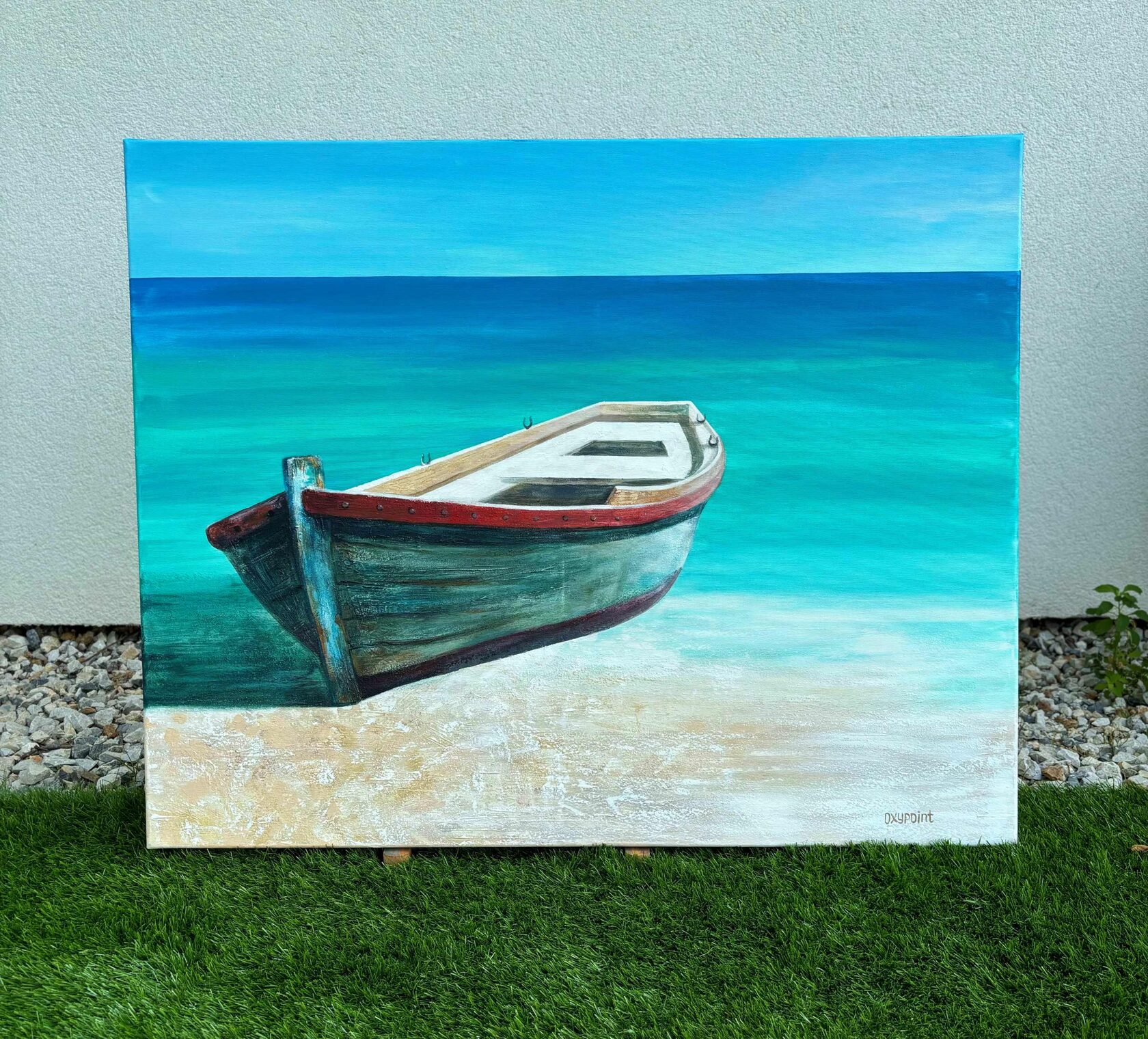 Acrylic painting boat, mixed media, turquoise sea, waves, seascape, large wall art for sale, buy art from artist, buy original paintings, painting for sale Oxana Kravtsova Oxypoint